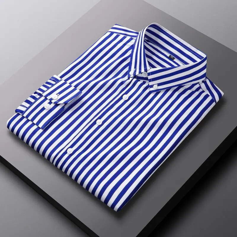 

Spring Autumn Simple Casual Business Korean Edition Polo Collar Colored Striped Loose Plus Oversize Long Sleeved Shirt