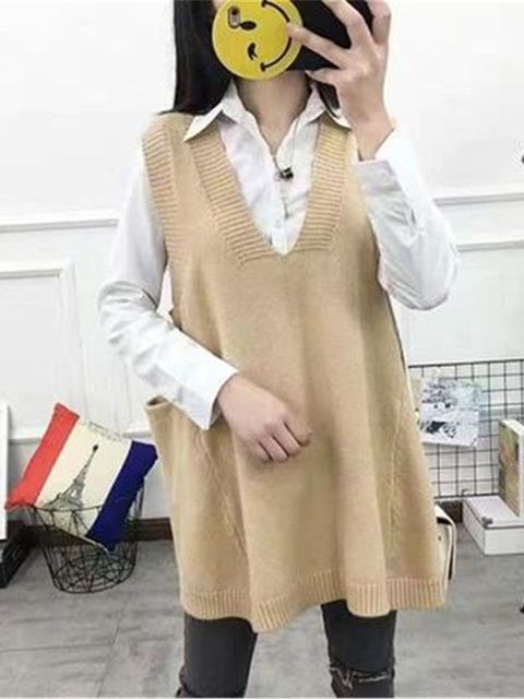 Fashion Sweater Vest Women V-neck Knitted Solid Simple All-match Loose Leisure Trendy Pocket Classic Jumper 3XL 4XL Womens