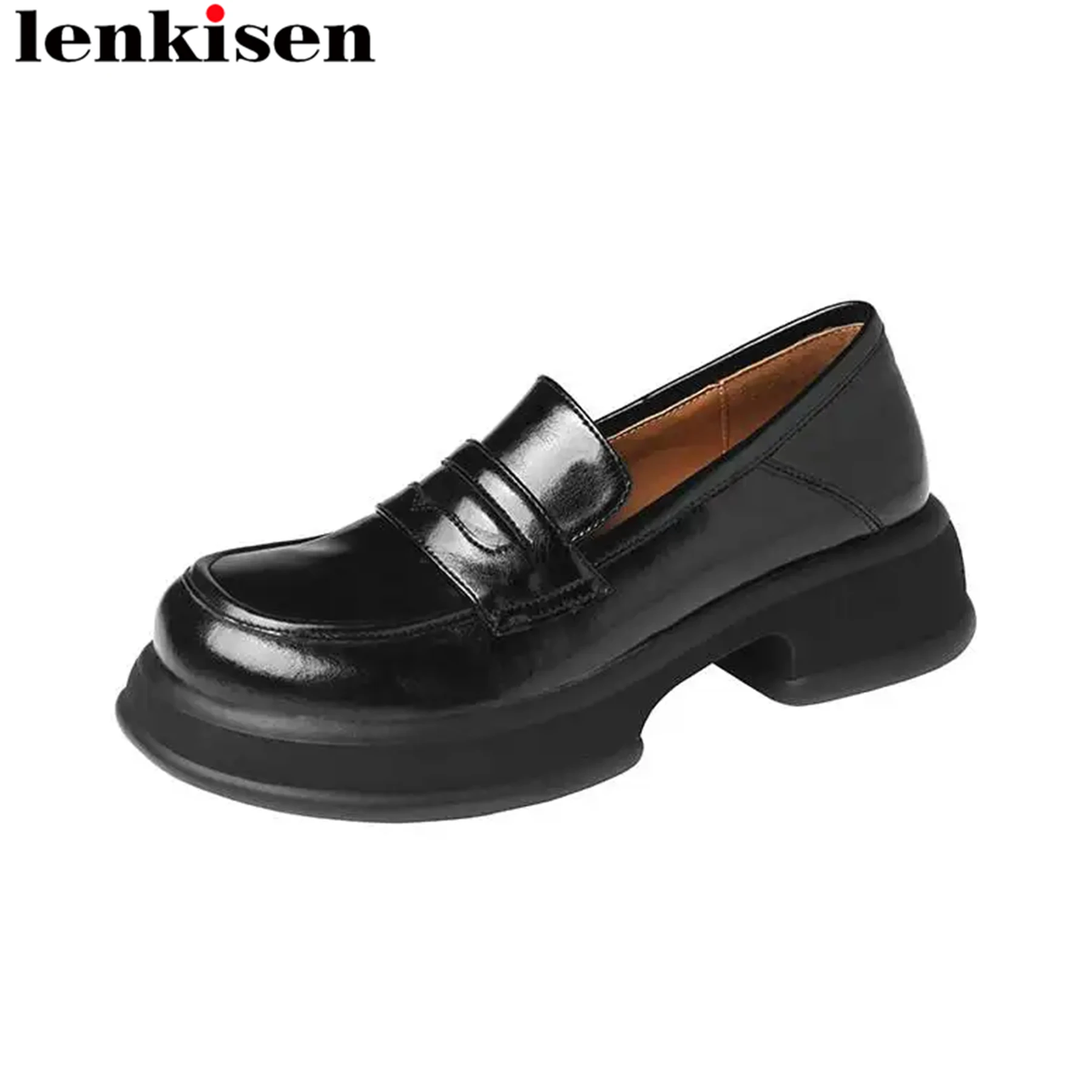 

Lenkisen Fashion Cow Leather Med Heels Spring Casual Shoes Slip On Platform Mature Loafers Classics Concise Vintage Women Pumps