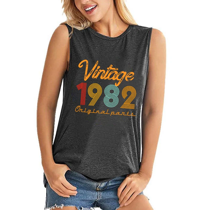 Women Fashion Vintage 1982 Print Vest Harajuku Sleeveless Cool Summer Tank Tops