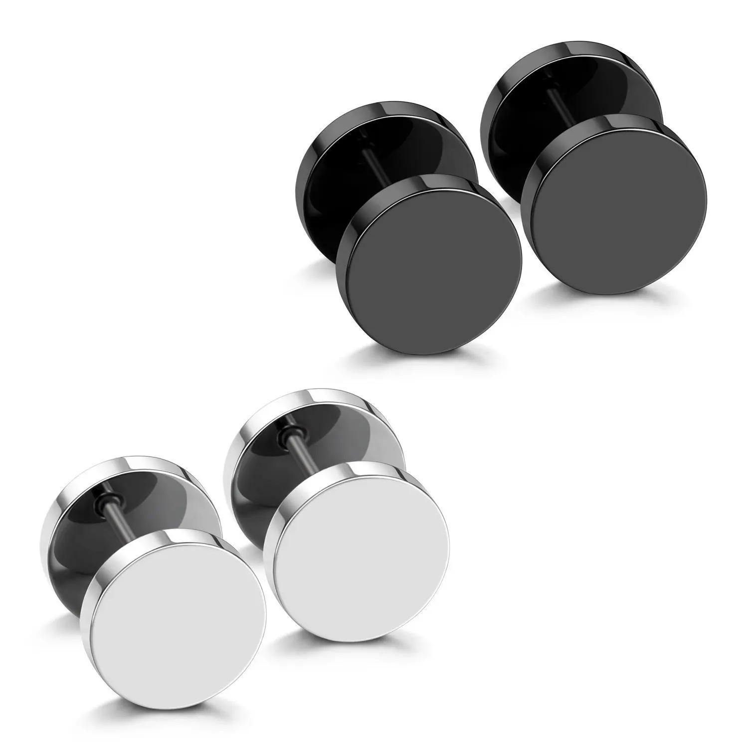 MODRSA Fake Gauges Earrings for Men Screw Flat Back Disc Stud Earrings Round Cheater Plugs Ear Tunnel Punk Style Dumbell Ear Piercing Black Silver 16g 6mm 