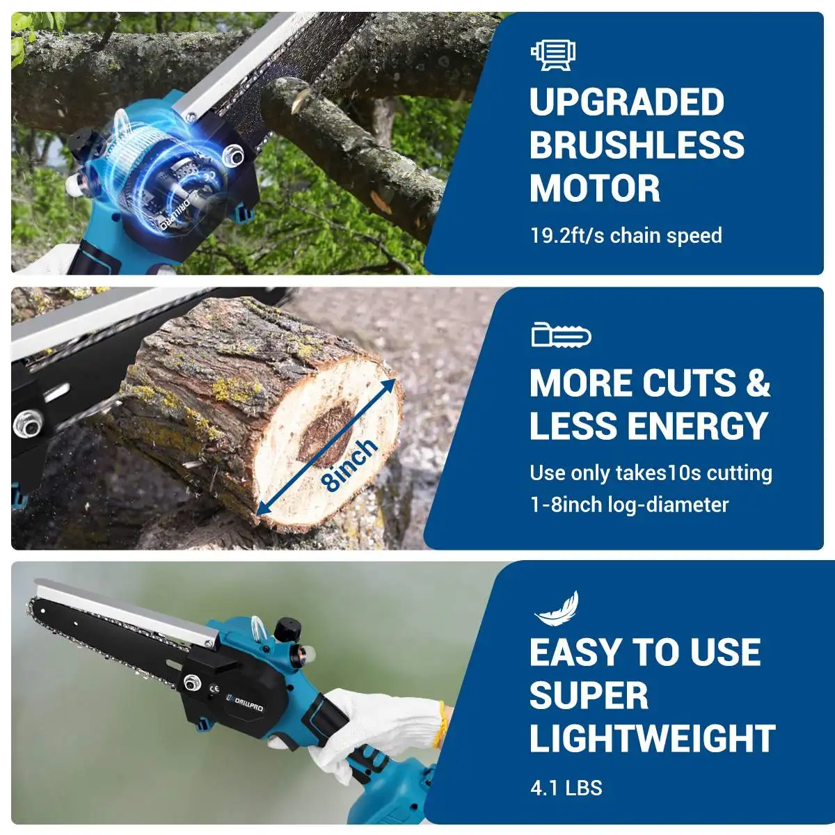 Drillpro 6 인치 3000W 브러시리스 전기 가지 치기 톱 오일러 Makita 18V 배터리 용 휴대용 무선 톱 목공 전동 공구