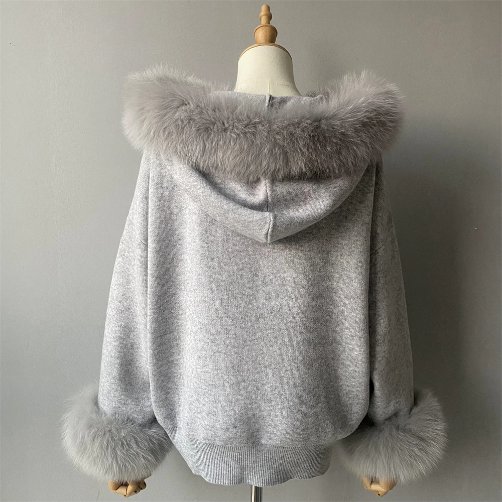 Women wearing loose fit hooded knit set side view