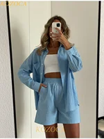 Summer Two Piece Set Women Shorts Suit Green Lapel Long Sleeve Shirts Sets Female Elegant Casual High Waist Pants Lady Outfits - Image 6