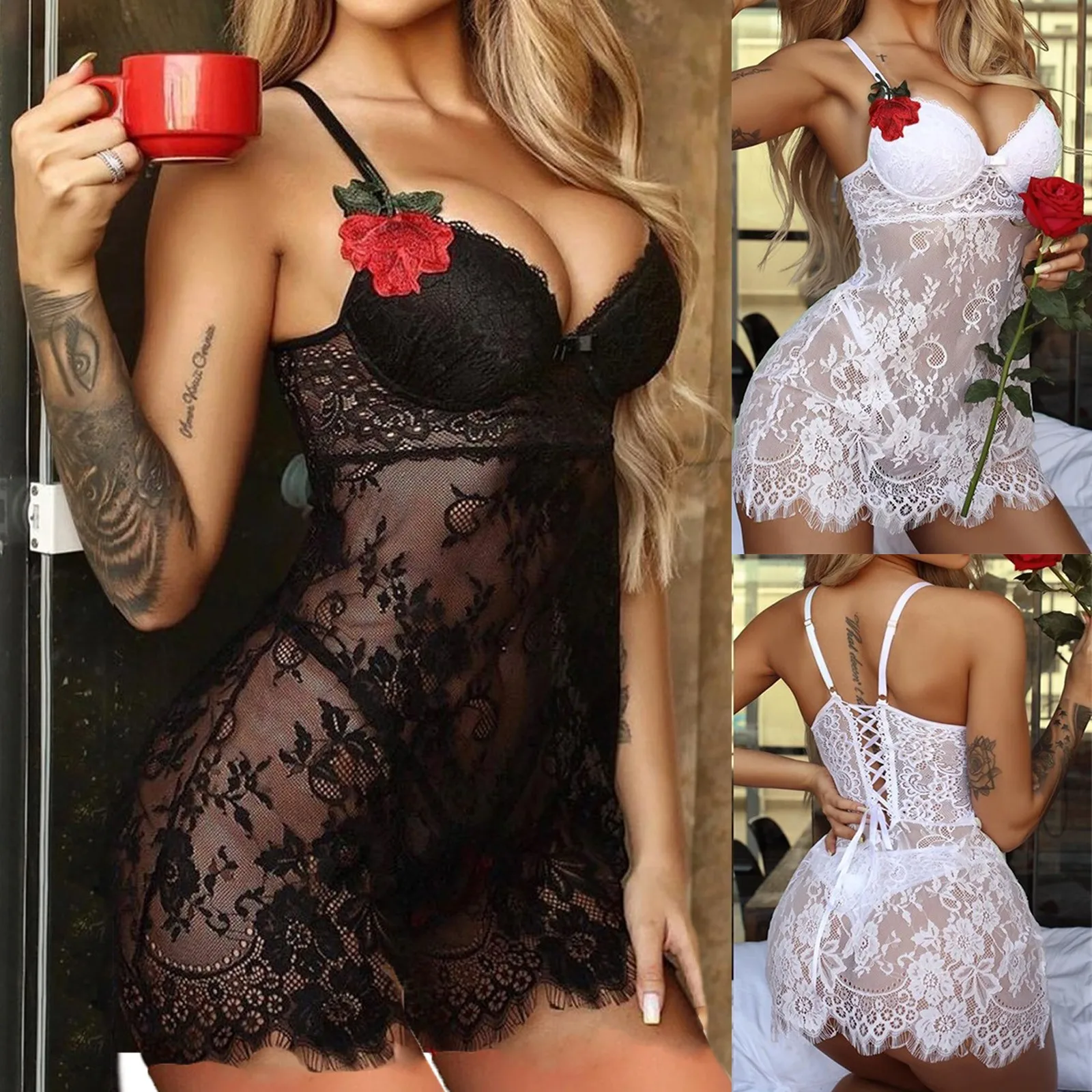 

2024 Women's Lace Mesh Nightgown Fashion Sexy Costumes Tight Fitting V Neck Sling Style Nightdress Pajamas Costume For Women
