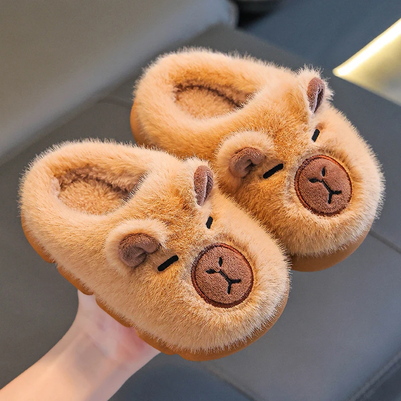 Capybara Cartoon Fluffy Slippers Children Indoor Soft Bottom Mother-Child Cotton Slippers Anti Slip Winter Warm Plush Slides 45