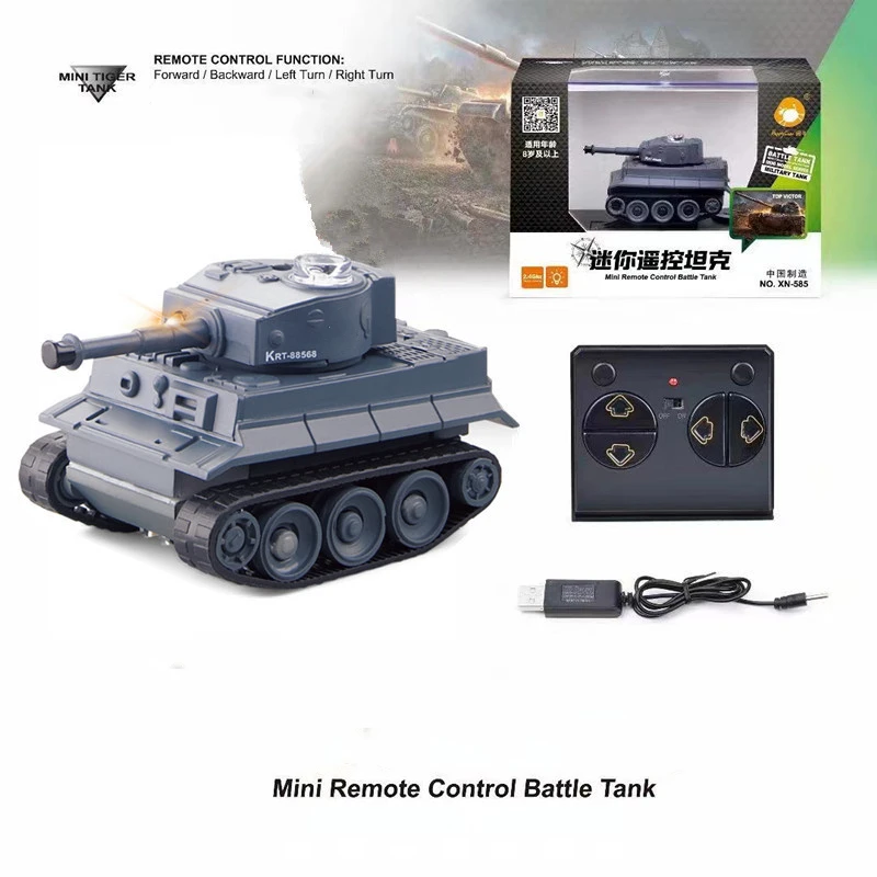 Vue de côté du mini char RC Tigre bleu avec détails réalistes, jouet télécommandé pas cher pour enfant.