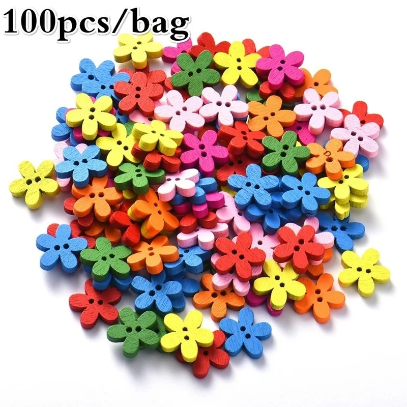 

100 Pcs 2-hole Mixed Flower Wooden Decorative Buttons Suitable for Sewing Clip Arts and Crafts Multicolor 14x15mm