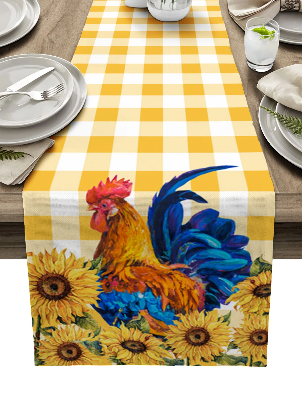 

Rustic Farm Chicken Sunflower Plaid Linen Table Runner Kitchen Table Decoration Farmhouse Dining Tablecloth Wedding Party Decor