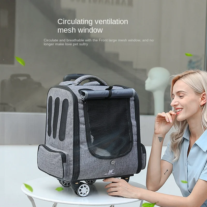 Pet Trolley Box Dog Stroller Cat Outing Box, Breathable Carried on Both Shoulders Pushed and Pulled, Lightweight Travel Backpack