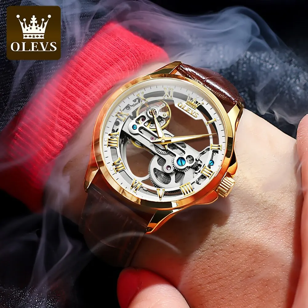OLEVS Skeleton orologi automatici da uomo meccanici alla moda in pelle di lusso impermeabile luminoso uomo orologio da polso, 6670 Nero Pelle/Blu/Argento, cinghia OLEVS Skeleton orologi automatici da uomo meccanici alla moda in pelle di lusso impermeabile luminoso uomo orologio da polso, 6670 Nero Pelle/Blu/Argento, cinghia