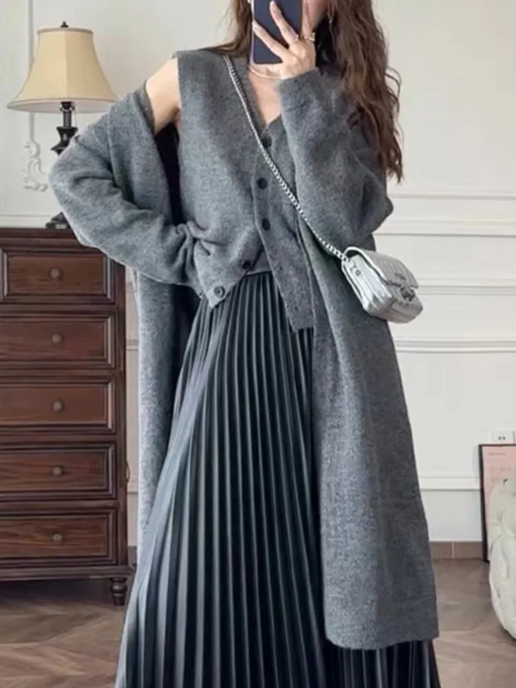 

Autumn Winter Knitted Two Piece Set Women Long Sleeve Loose Mid-Length Cardigan + V-Neck Single Breasted Vest Casual Clothing