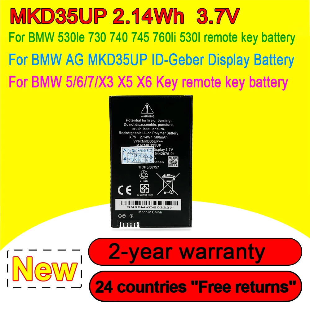 Bateria Remota da Chave do Lcd para Bmw Mkd35up 530le 730 740 745 760li x3 x4 x5 1icp3 37 57 944297601 2.14wh 580mah Alta Qualidade