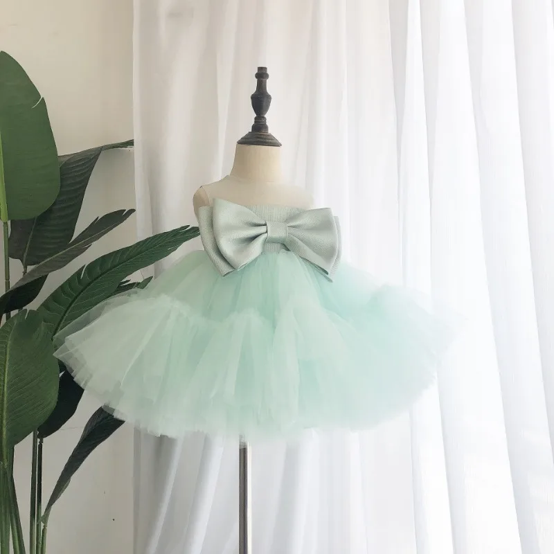 

Sweet Solid O-neck Sleeve Mesh Cascading Ball Gown Chic Big Bow Design Birthday Party Dresses High End Mesh Princess Vestidos