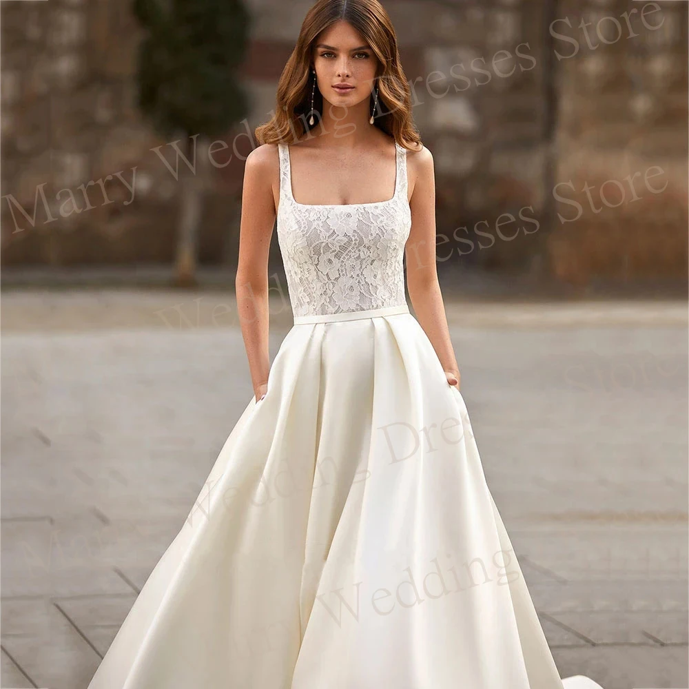 Modern Stain Square Collar Wedding Dresses A Line Applique Lace Bride Gown With Pockets Backless Sleeveless For Women Customized 3