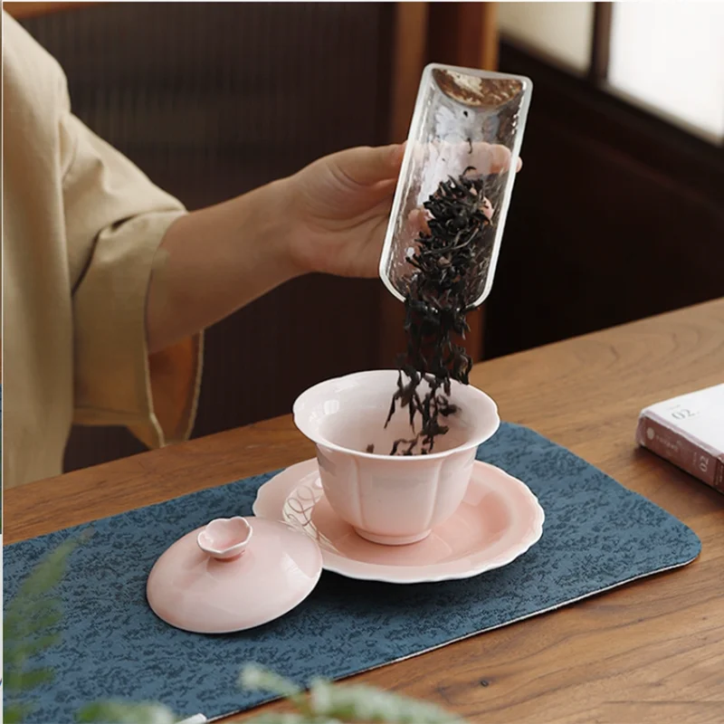 160ml Chinese Cherry Blossom Ceramic Gaiwan Handmade White Porcelain Tea Tureen Teacup Household Tea Bowl Portable Teaware