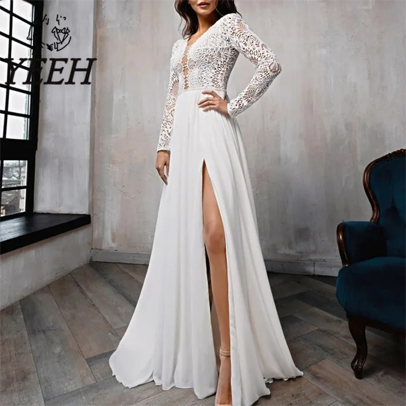 

YEEH Wedding Dress Lace Appliques Long Sleeves Bridal Gown Illusion V-neck Lace-up Sweep Train Vestido De Noiva for Bride