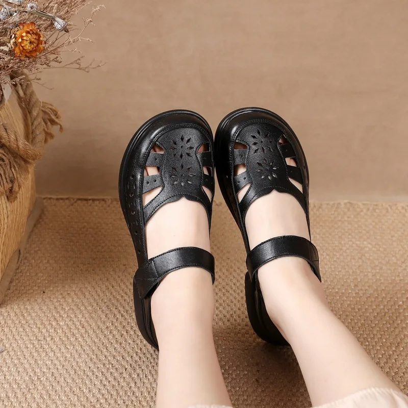 cutout real leather sandals women summer strappy shoes ladies low heels wide orthotic sandal mom comfortable pretty sandal woman