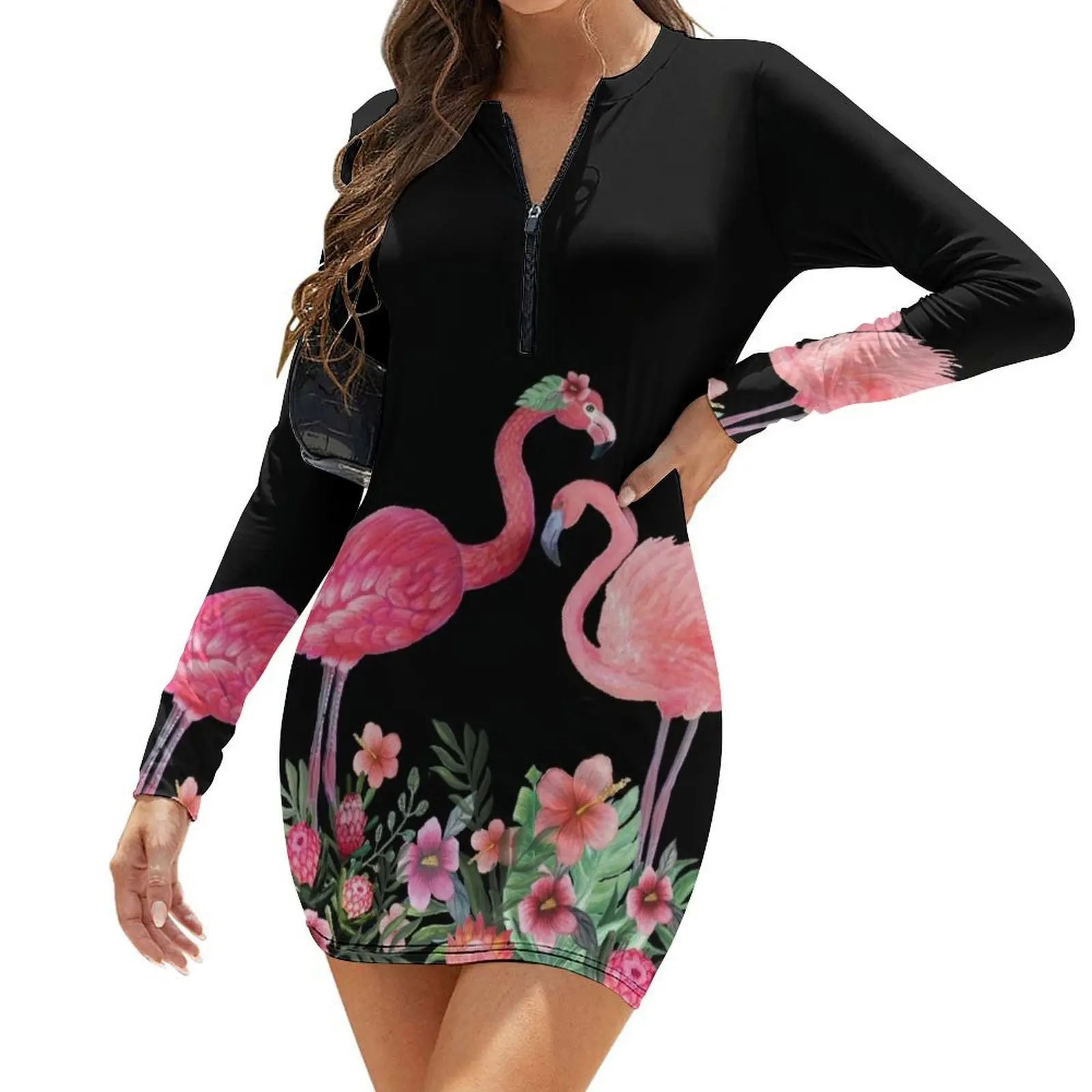 

Flamingo with Tropical Flowers by Magenta Rose Designs Long-Sleeve Bodycon Dress dresses for women elegant dresses for women