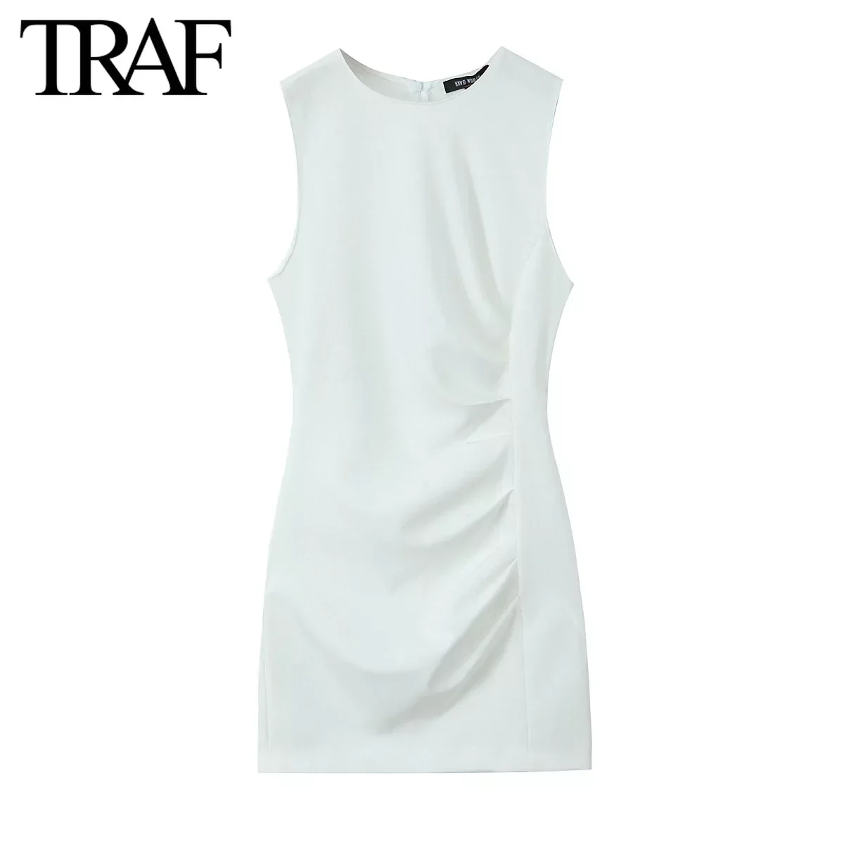 TRAF 여성 패션 백 지퍼 O-넥 플리츠 조끼, 짧은 섹시 나이트 원피스, 핫 시크 화이트 민소매 이브닝, 여름 신상