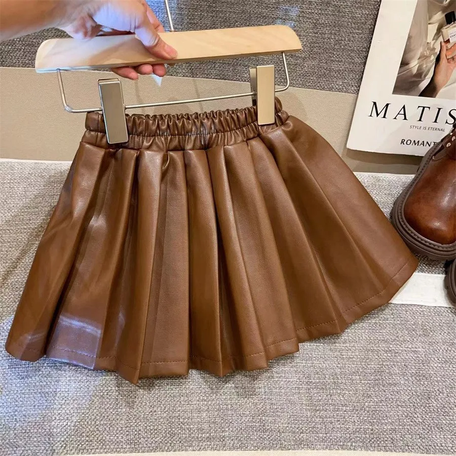 Girl Dress New Autumn Winter Korean Fashion Style Leather Skirt Girls Solid Pleated Skirt Girls Casual Dresses Kid Clothes