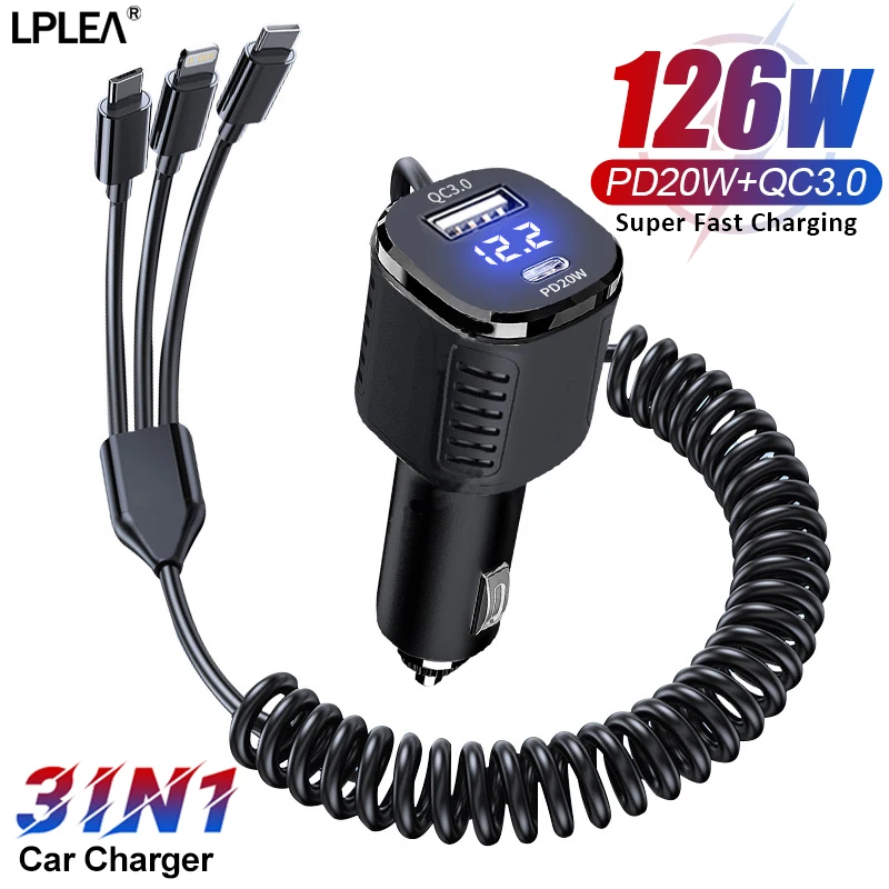 3 in 1 126W USB Car Charger for iPhone 13 12 11 14 Pro Max Xiaomi Samsung