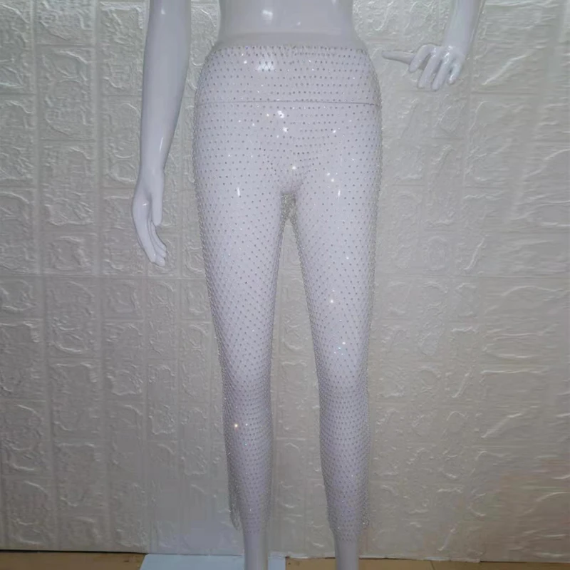 Mode Kristall Strass Reflektierende Hosen Frauen Casual Weibliche Mesh Hosen 2024 Sommer Neue Stil Sexy Nachtclub Party Hosen – Detail 3