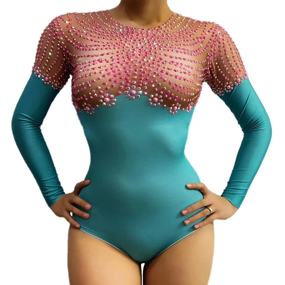 

Pink And Green Sexy Shining Crystal Rhinestones Women Bodysuits Pole Dance Stage Ballroom Zipper Party Clothing