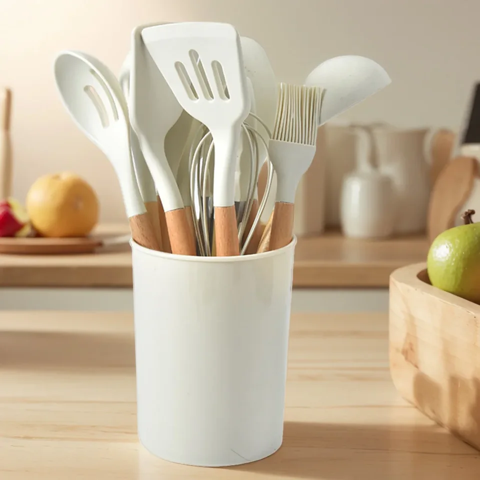 Silicone Kitchen Utensil Set with Wooden Handles