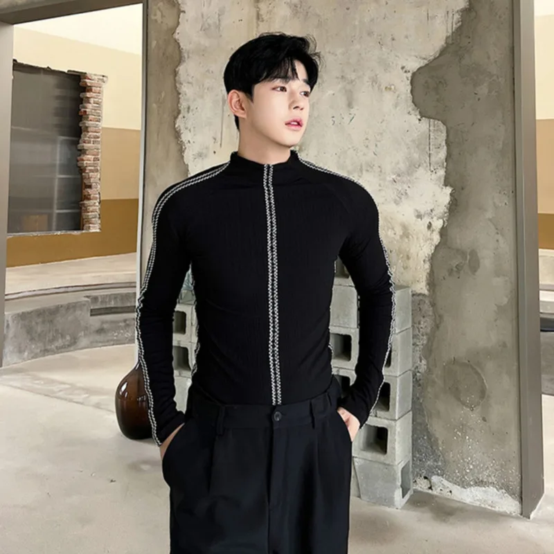 

SYUHGFA Men Long Sleeve T-shirts Trend Personality Contrast Color Pullover Fashion Niche Design Slim Male Stand Neck Hoodies