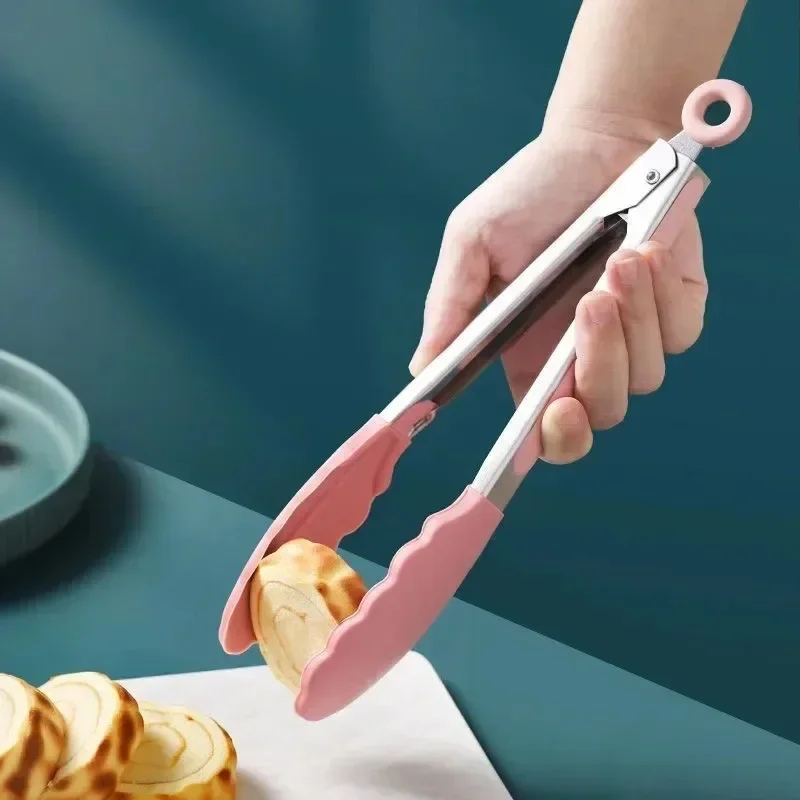 Silicone Kitchen Food Tong Stainless Steel Non-slip Grill BBQ Tongs Meat Camping Barbecue Frying Food Clips Clamp