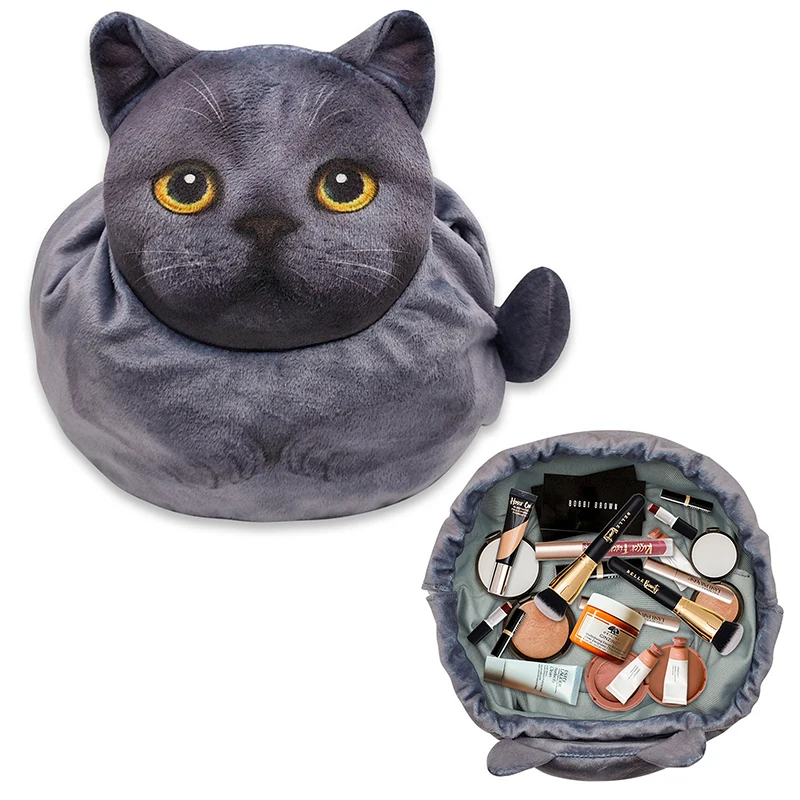 Adorable Cat Head 3D Makeup Bag with Drawstring Closure – Perfect Gift for Women Cat Lovers, Versatile Travel Cosmetic Organizer Pouch