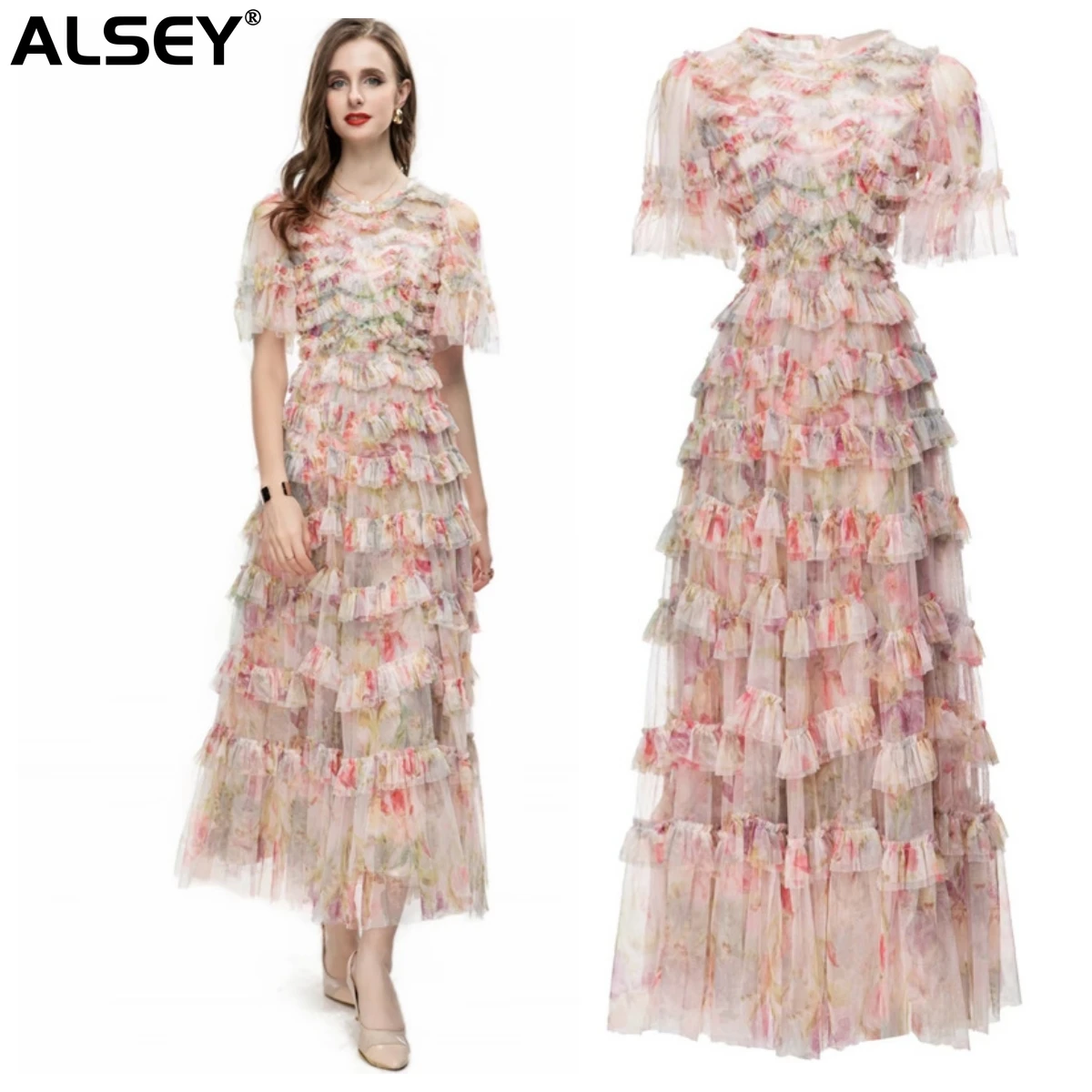 

ALSEY Retro Style Fashion Ruffles Splicing Printed Short-sleeved Long Dress Women's Dress 2023 Early Fall New Women's Clothing