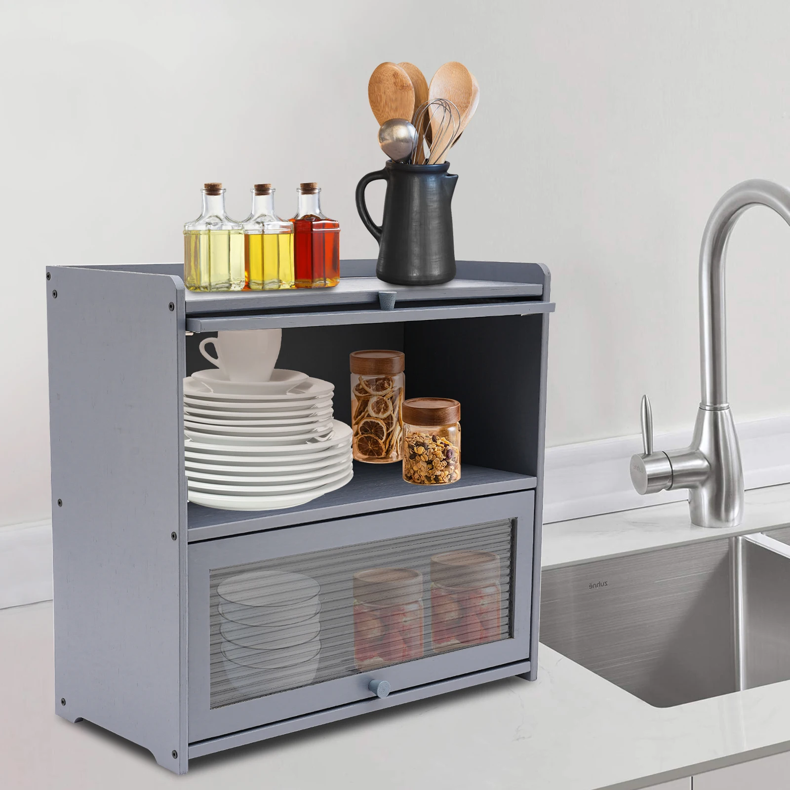 CNCEST Countertop Counter Small Bamboo Kitchen Sideboard Cabinets Storage Locker Freestanding Countertop Lockers