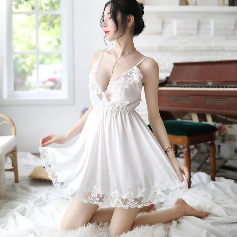 

Sexy Women V Neck Sling Nightdress Elegant Backless Satin Sleepwear Honeymoon Wife Fancy Dress Erotic Lingerie Nightgown
