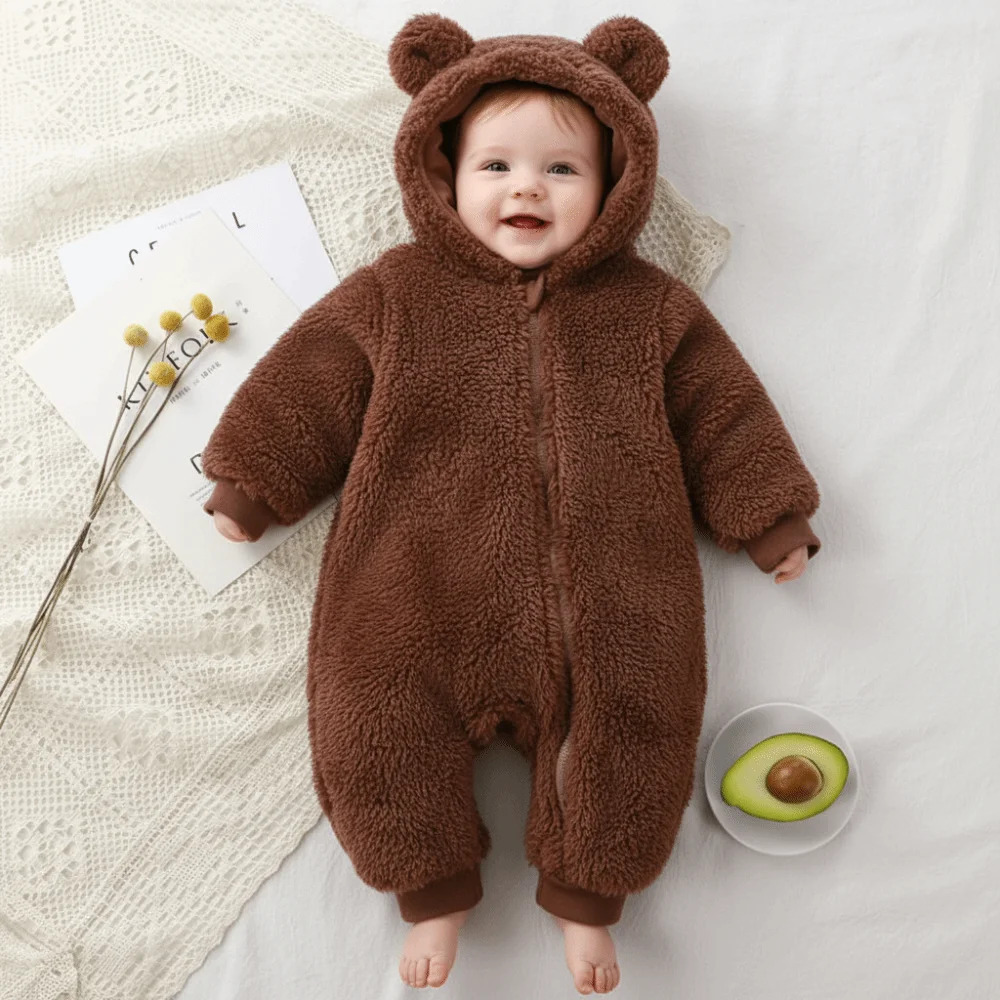 Thick Warm Baby Rompers Coral Fleece Soft Velvet Infant Jumpsuits Bear Shape Hooded Zipper Newborn Pajamas Winter Season