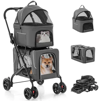 Double Dog Stroller for 2 Dogs, Detachable Carriers, Safety Belt, 4 Lockable Wheels, Pet Travel Carrier Strolling Cart 1