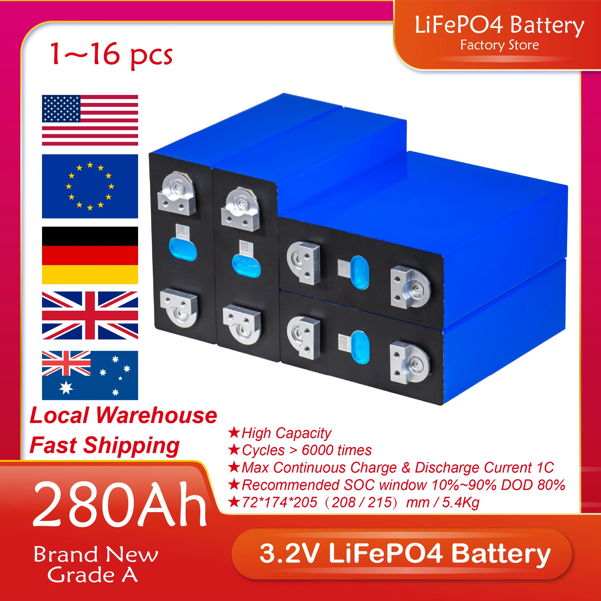 

64/32/16/8/4/2/1PCS 3.2V 280AH LFP Battery Cells LF280K Grade A DIY 24V 48V 12V Batterie Pack For Solar Energy Storage EU Stock