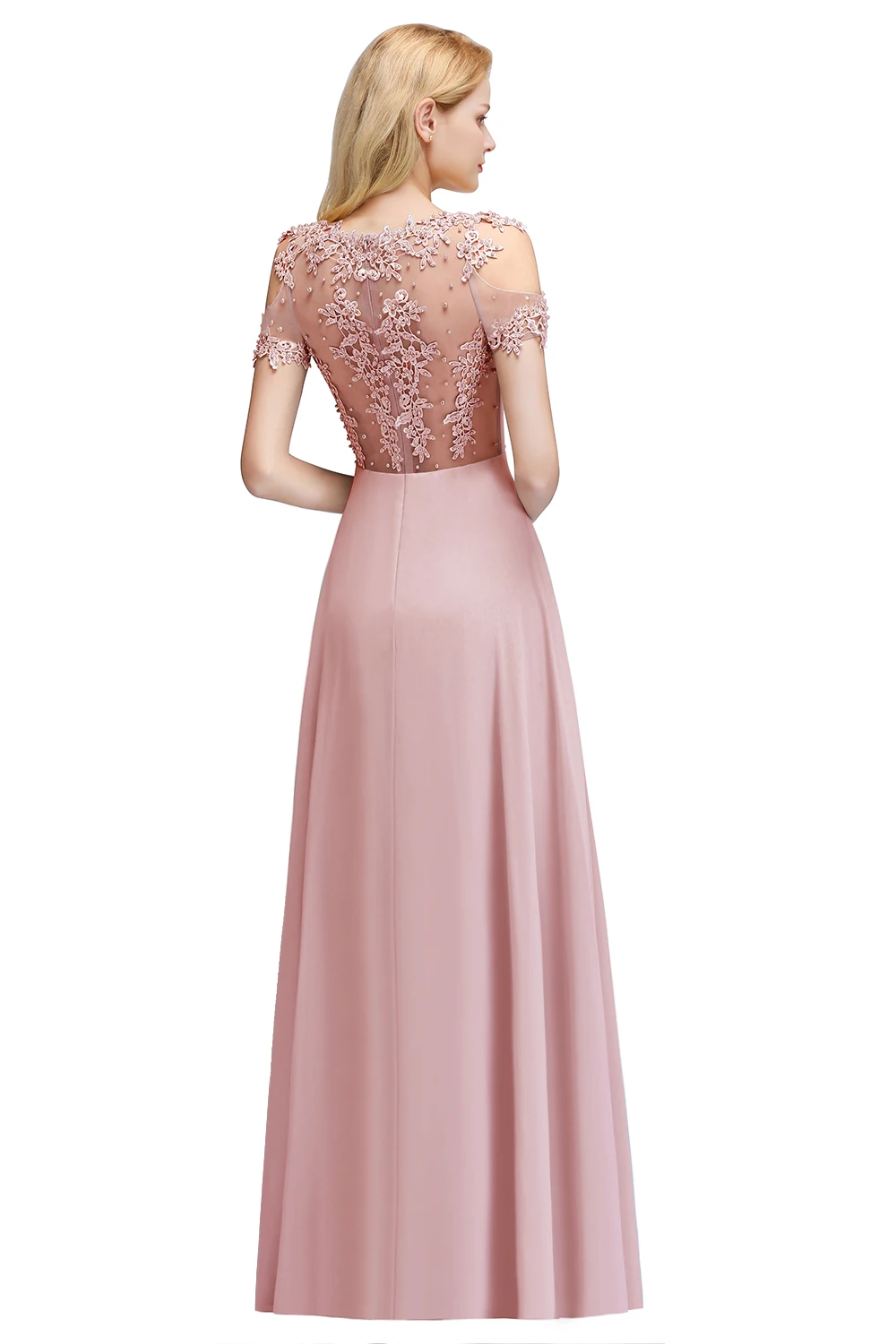 Pink Bridesmaid Dress Pearl Beads Illusion Short Sleeve Boho Wedding Party Guest Gowns Chiffon A Line Dresses Women bridesmaid dresses