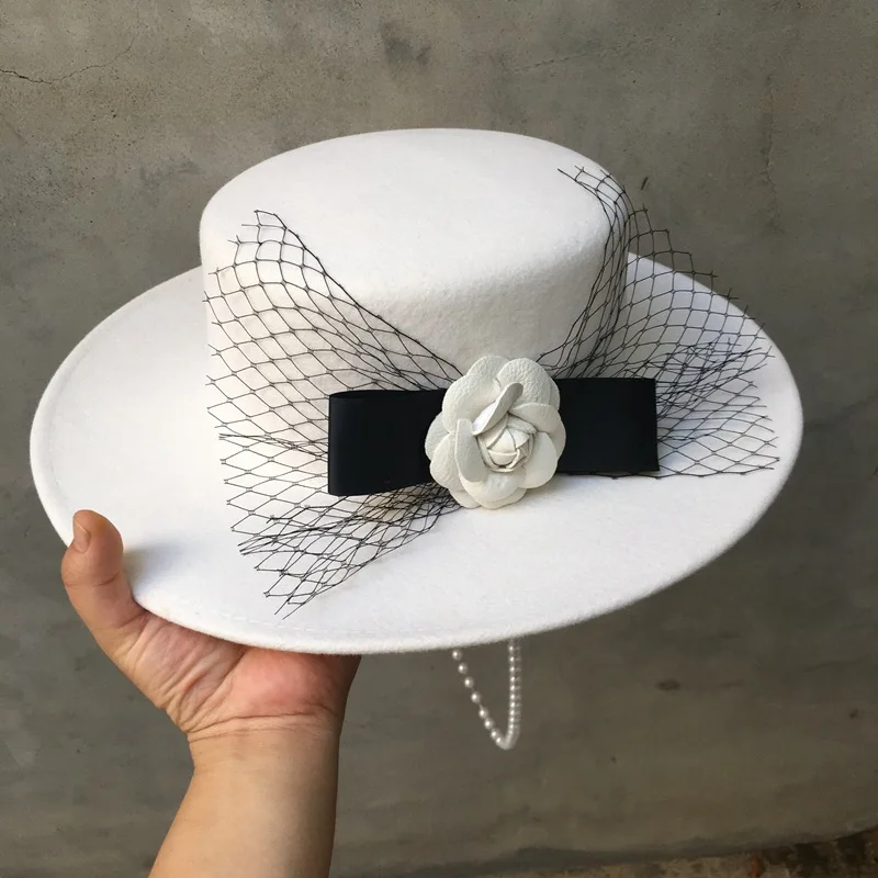Wide Brim Wool Boater Hat Fascinator Fedora Hat With Pearls Chian