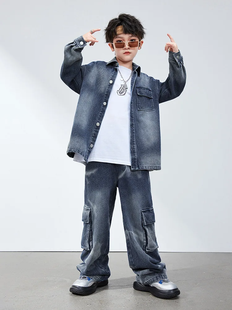 Kid Hip Hop Clothing Denim Blue Washed Shirt Jacket Top Casual