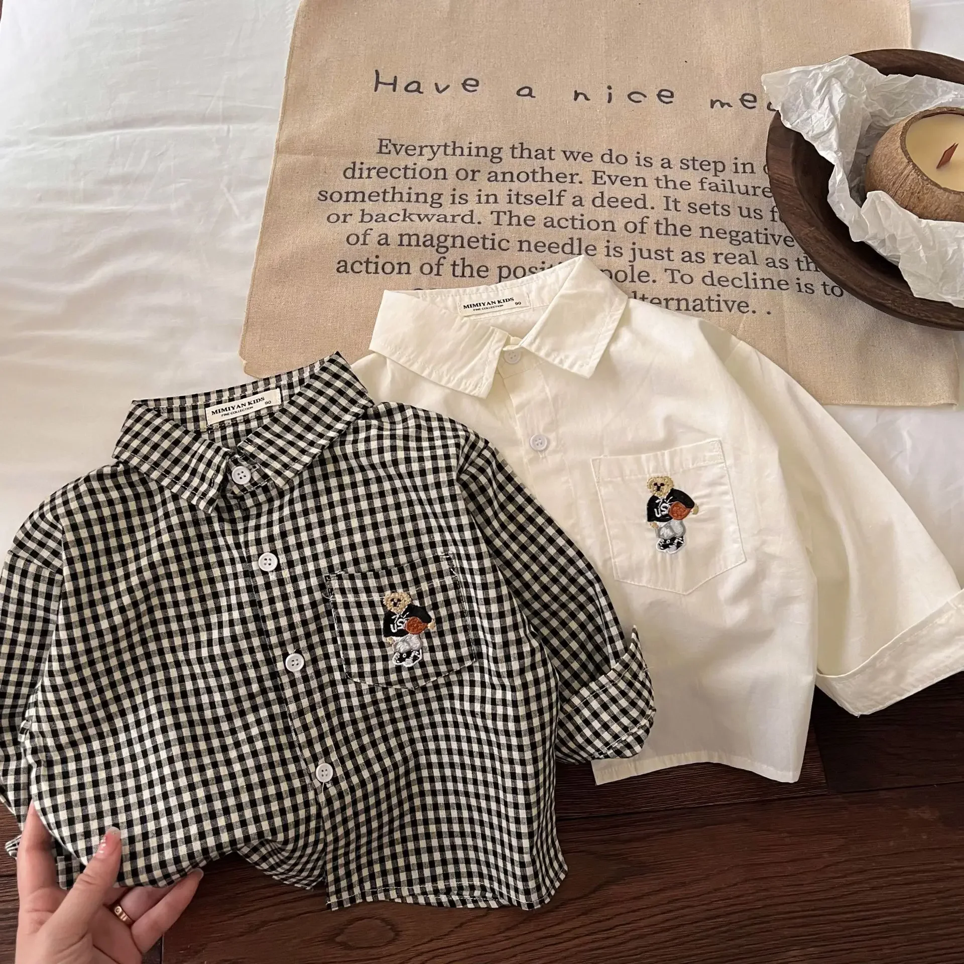 Korean Bear Shirt Baby Embroidery Grid Top Toddler Children's Clothes Autumn Boys Girls Camisa Blouse Clothes Infantil Menina kids shirts