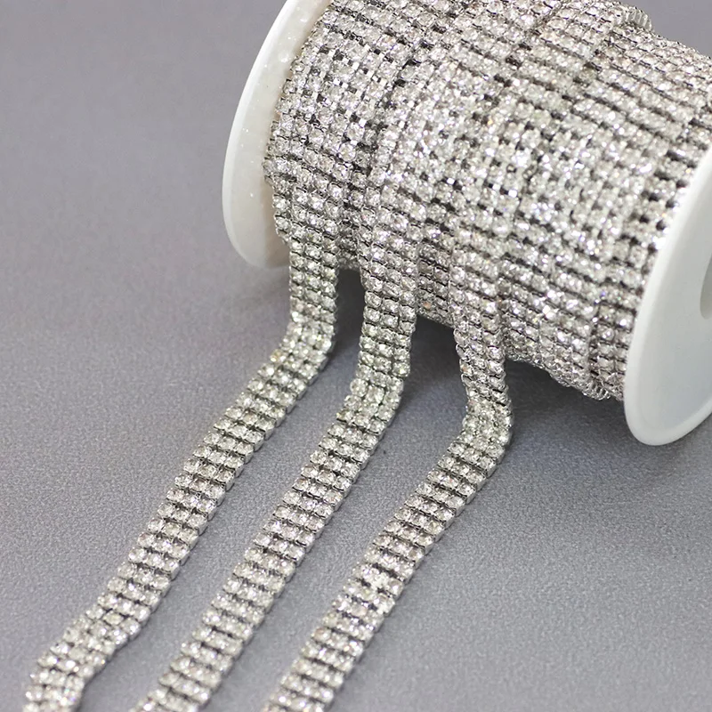 

Wholesale 10 yards 3 Rows Rhinestone Cup Chain Crystal Silver Glass Rhinestone Mesh Trim For Wedding Dress Shoes Decoration