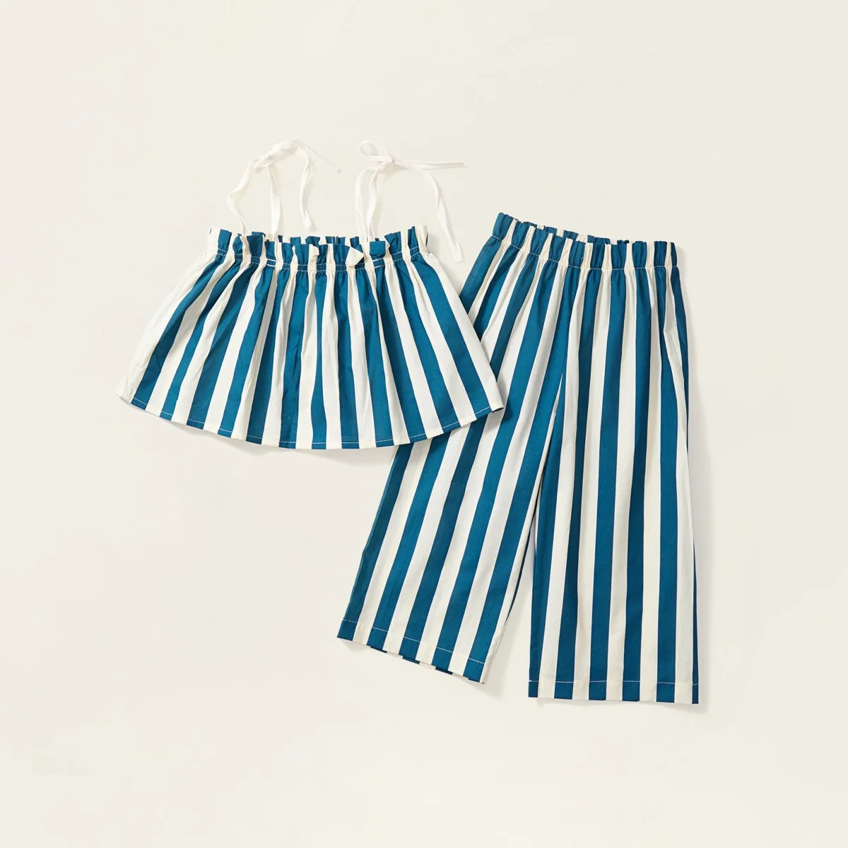 

Комплект детской одежды в синюю и белую полоску, летний топ на шнуровке в Корейском стиле с широкими штанинами для детей из чистого хлопка