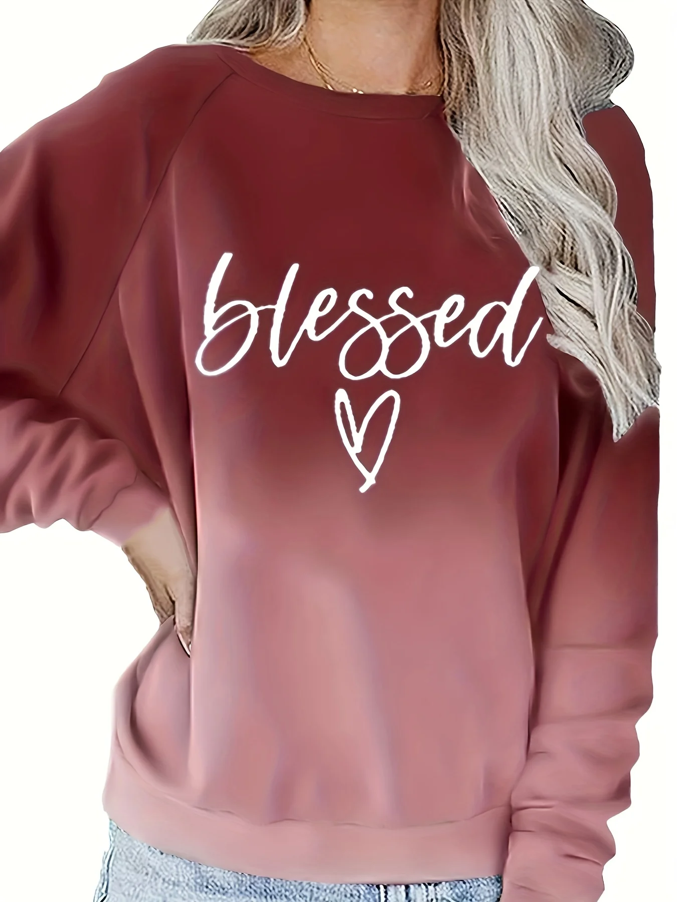 

Women's Plus Size Winter Casual Sweatshirt Ombre & Letter & Heart Print Raglan Sleeve Round Neck Slight Stretch Pullover Top