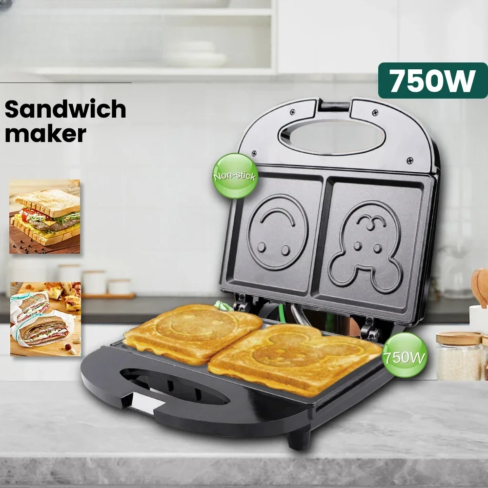 

OXPHIC 750W Smlie Face Hot Sandwich Maker Breakfast Machine Grill Machine Toasters Waffle Makers Toasting Machine