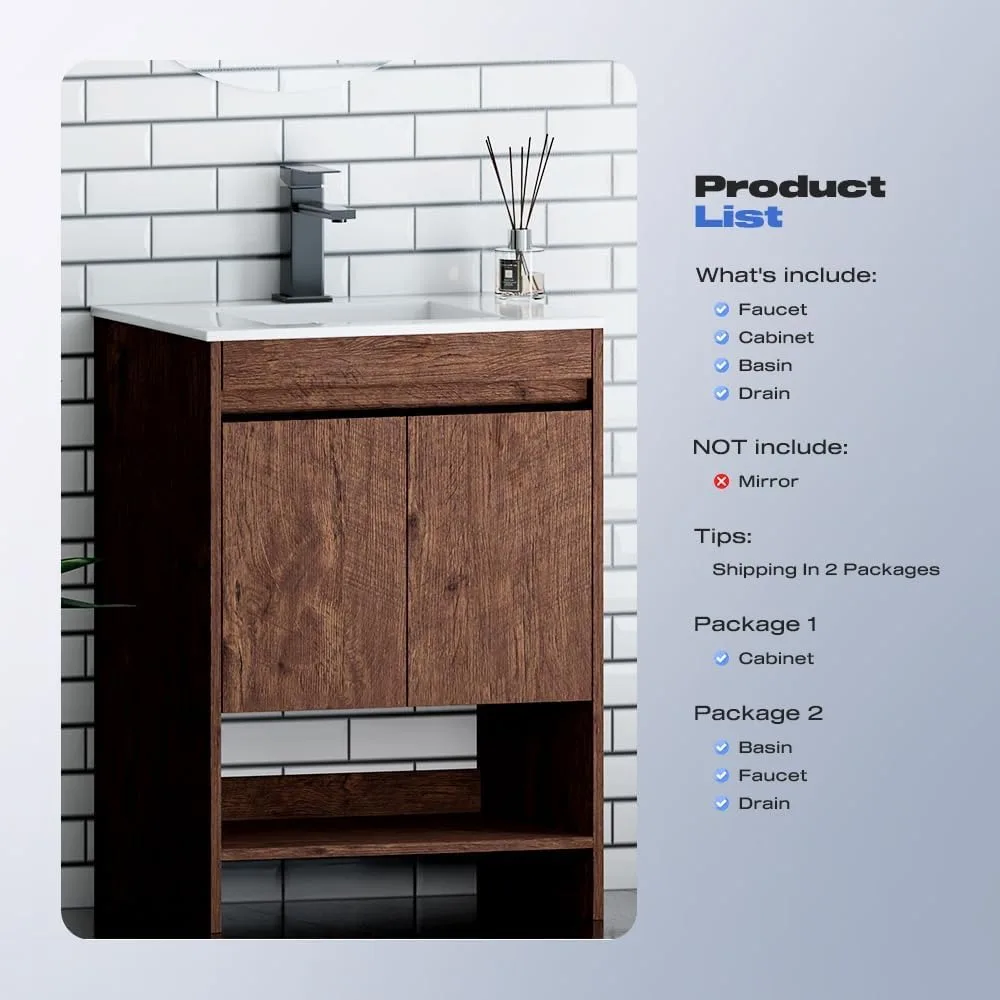 24" Bathroom Vanity, Brown Modern Small Single Bathroom Cabinet Set, Soft Closing Doors with Metal Handles, Storage, Sink Base 3