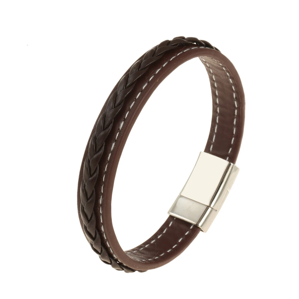 

2023 Charm Jewelry Handmade Weave Leather Bracelet Men Vintage Cuff Leather Magnet Bracelet Pulsera Hombre