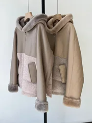 Genuine Sheepskin Cashmere Hooded Shearling Coat