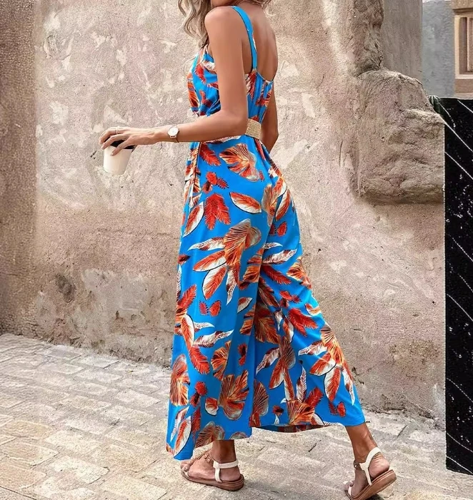 Summer Fashion 2024 Elegant Women's Commuting Jumpsuit Fashionable Printed Waistband Jumpsuit with Belt for Women's Clothing ﻿